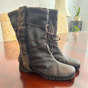 Thierry Rabotin Women's Real Fur Trim Leather Lace-Up Winter Boots size 8.5
